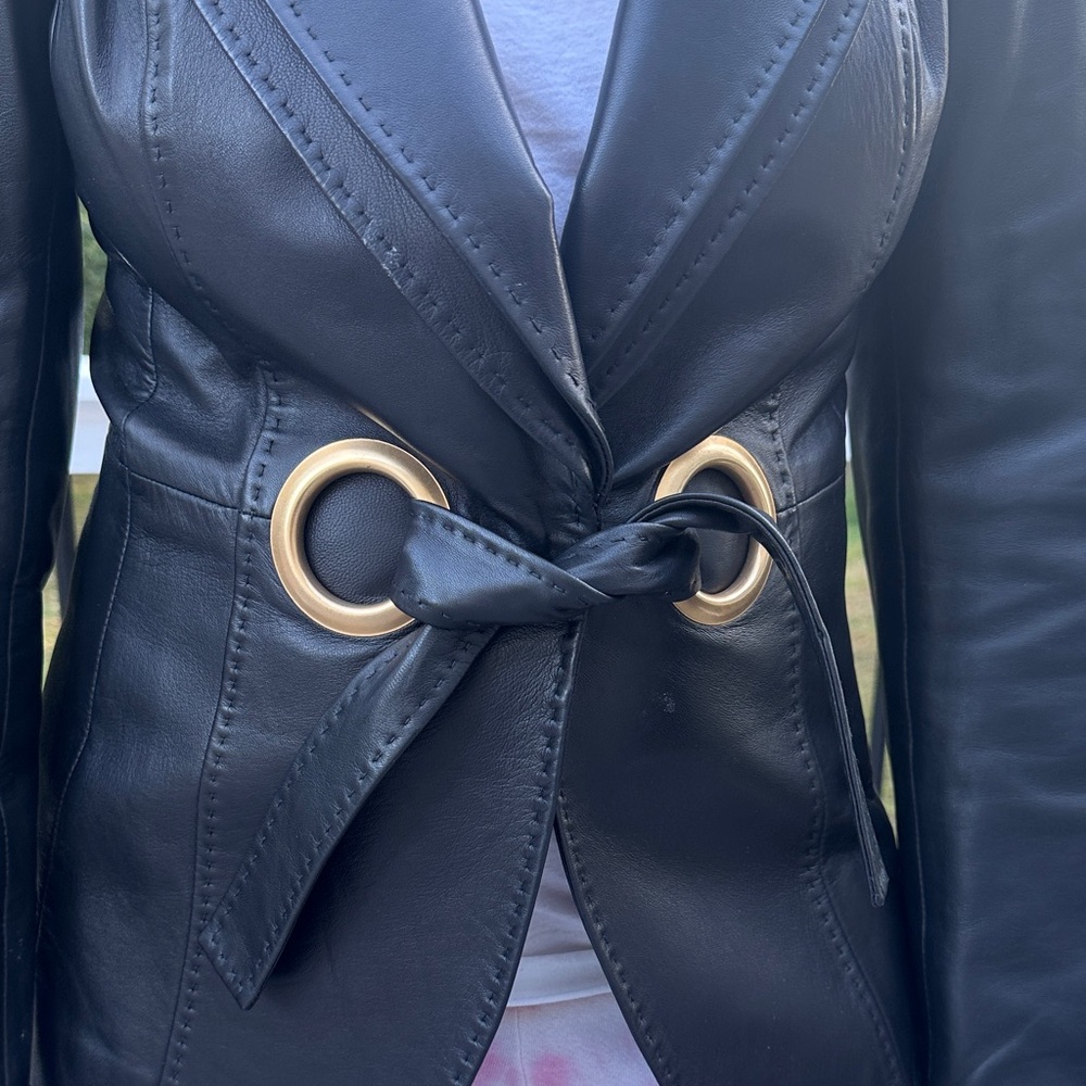Escada Black Leather Jacket with Gold Accents - Picture 6 of 14